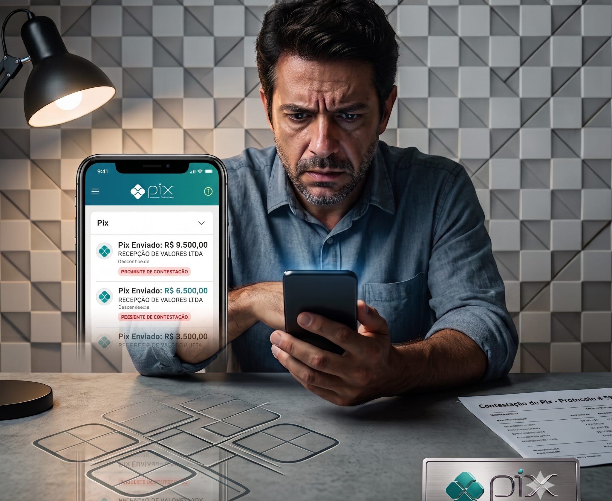 Homem preocupado analisando transferências Pix suspeitas no celular
